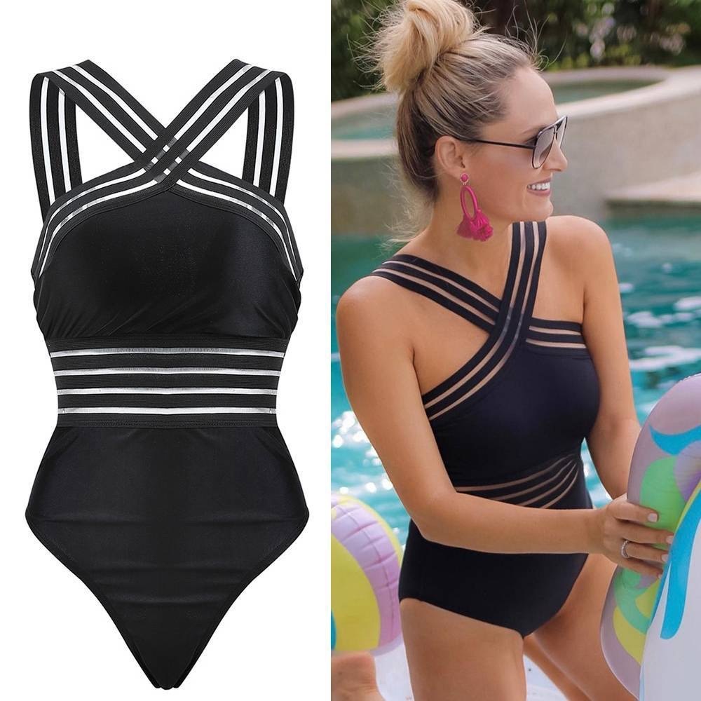 Black Striped One Piece Women's Monokini SwimwearTriangle Bathing Suit XL